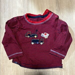 Striped Red and Black Long Sleeve Shirt with Vehicle Design
